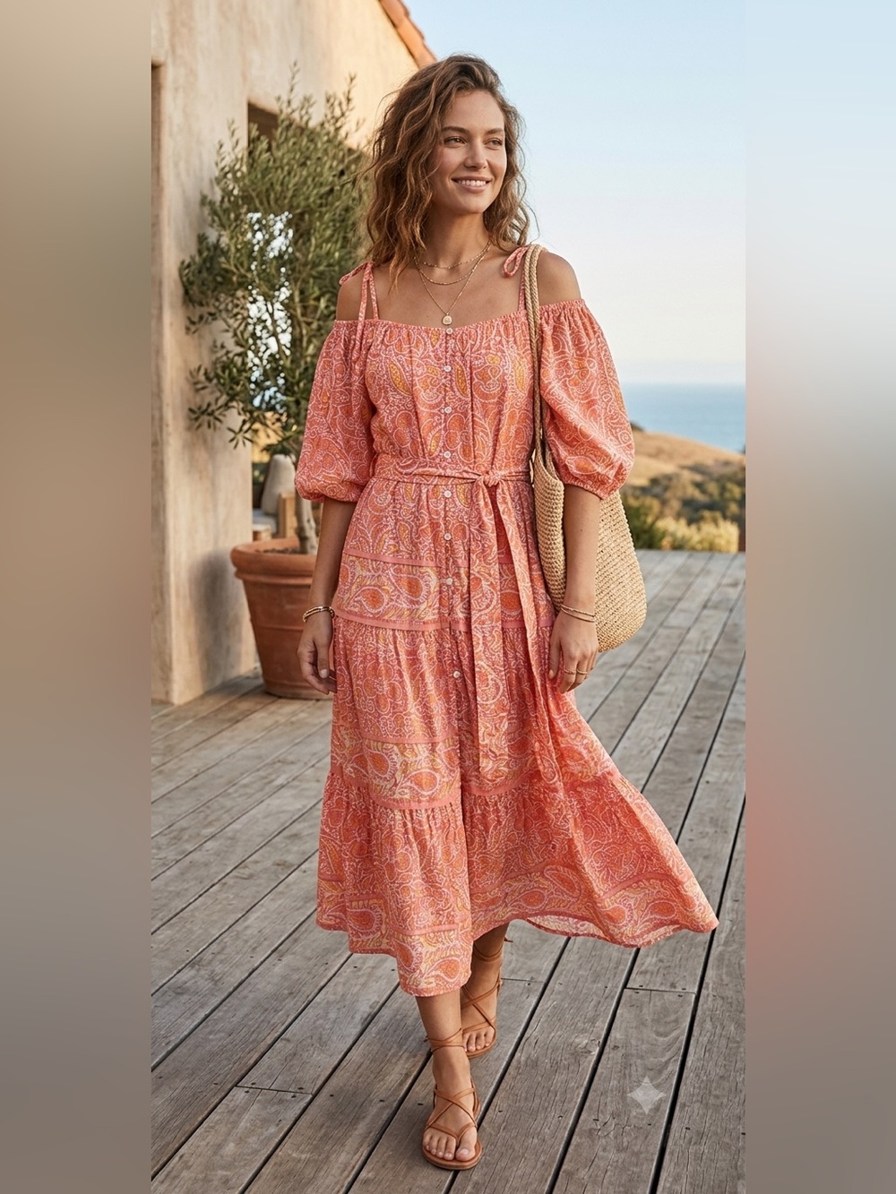 Cleobella / Dallas Midi Dress in Carnation Print Orange Paisley Boho - Sz S NWT